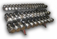гантельный ряд profigym хромированный, от 12,5 до 60 кг, шаг 2,5 кг (20 пар), на трехрядном стеллаже
